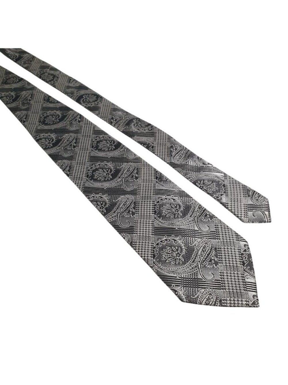Fratello Mens Paisley Houndstooth Tie Silver Black Necktie Formal Accessory Gift